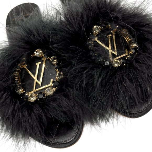 LOUIS VUITTON LV Logo Fur Flats Sandals #37 Rhinestone Black Gold Satin [105937] - Picture 8 of 9